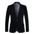 Vorderansicht der hochwertigen Herren Samt Slim Fit Blazer Jacke mit Paisley-Innenfutter - Schwarz