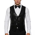 Detailed view of men's black sequin vest with matching bow tie for stage - Black