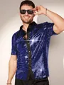Detailed view of men's sparkling blue sequin short sleeve shirt with contrast black collar. - Sapphire Blue