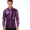 Close-up detail of a shiny purple sequined long sleeve shirt for men's party wear - M / Tops / Purple