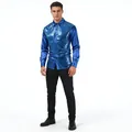 Men's stylish blue sequined shirt for nightclub and dance performances shown on model - M / Tops / Blue