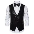 Elegant men's black sequin vest for stage performance with matching bow tie accessory - S / Tops / Black