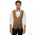 Detail of men's gold sequin stage performance vest with a matching glitter bowtie - S / Tops / Gold