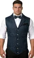 Detailed view of men's dark blue paisley gothic waistcoat with gold buttons and bow tie - M / Tops / Navy Blue