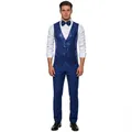 Full view of blue sequined performance vest with matching bow tie for men on white background - S / Set / Blue