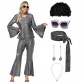 Costume disco anni '70 da donna con pantaloni a zampa d'argento, top e parrucca - 银黑蛇纹