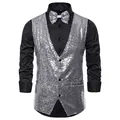 Premium silver sequined stage performance vest for men with matching bowtie set - Silver