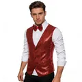 Detailed front view of men's red sequin performance vest and matching bowtie - S / Tops / Burgundy