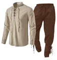 Herren 2-teiliges Set aus Baumwolle und Leinen mit Schnürhemd und einer Kordelzug-Hose - S / Oberteil Und Unterteil / Khaki und Kaffee