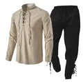 Lässiges langärmeliges Baumwoll-Leinen-Henley-Hemd und Schnürhose für Herren am Strand - S / Top Und Bottom (Khaki Und Schwarz)