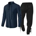 Herren Set aus marineblauem Baumwoll-Leinen-Henley-Hemd und schwarzer Kordelzug-Hose - Marineblau und Schwarz