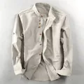 Casual men's linen-cotton long sleeve shirt with stand collar in light beige variant - Apricot