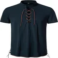 Camisa Henley de manga corta para hombre azul marino con cordones y cuello mao - 3XL / Tops / Azul Marino