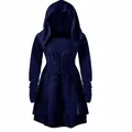 Gothic style navy blue hooded long sleeve lace-up high-low performance dress for women - Blue