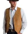 Vintage style men's tan suede Western vest with classic metal button front closure - Gold