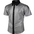 Detail view of men's silver sequin disco party shirt featuring a contrasting black collar - S / Tops / Gray