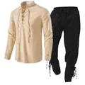 Zweiteiliges Herren-Set aus Baumwolle und Leinen mit Henley-Hemd und Schnürhose - S / Beige (Top And Bottom Set)