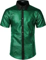Close-up view of a shiny green sequin men's disco shirt with black collar for 70s theme party. - Green