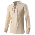 Men's beige medieval renaissance lace-up long sleeve shirt with linen texture - S / Tops / Khaki