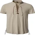 Detalle frontal de camisa Henley hombre de manga corta caqui con diseño de cordones - 3XL / Tops / Beige