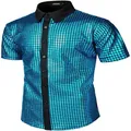 Detailed front view of men's blue sequin button down shirt for 70s disco party - Light Blue