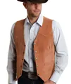 Men's slim fit western style brown suede leather vest with decorative metal buttons - Orange