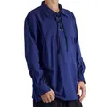 Vista laterale di una camicia vintage blu da uomo con un particolare colletto stringato - Taglia S / Top / Blu