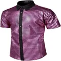 Detailed macro view of mens pink sequin button-down shirt with black collar for 70s disco party - Purple