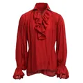 Detalle de camisa medieval roja para hombre con volantes y cuello con cordones retro - S / Tops / Rojo