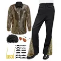 Herren Disco-Kostüm-Set Gold-Pailletten Hemd Schlaghose Perücke und Sonnenbrille - S / Set / Gold