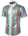 Macro detail of men's rainbow sequin button-down shirt featuring a sharp white collar. - Light Stripes