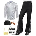 Vintage 70er Jahre Disco Kostüm Set für Herren mit Paillettenhemd und Schlaghose - S / Set / Weiß