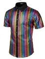 Detailed macro view of vibrant rainbow sequin fabric on a 70s disco party shirt - Dark Stripes