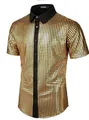 Detailed view of men's gold sequin disco shirt with black collar and buttons - S / Tops / Yellow