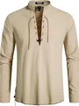 Detailopname van beige heren Henley-shirt met lange mouwen en vetersluiting, hippie stijl - S / Tops / Beige