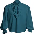 Blouse à volants vintage bleu canard avec manches lanterne et poignets dentelle - Bleu lac