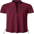 Vista frontale dettagliata camicia bordeaux maniche corte Henley con lacci e coulisse laterali - Borgogna