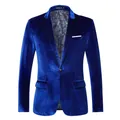 Blazer da uomo in velluto blu reale con fodera paisley e chiusura a bottone singolo. - Blu