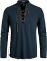 Detail van heren Henley shirt met vetersluiting, opstaande kraag en marine linnen stof - S / Tops / Marineblauw