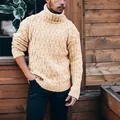 Detail showing the thick beige cable-knit pattern on this men's turtleneck sweater - S / Tops / Light Yellow