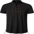 Vista detallada de camisa hippie negra de manga corta para hombre con cuello levantado y cordones. - 3XL / Tops / Negro