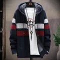 Chaqueta de punto con capucha a rayas azul marino para hombre con forro polar cálido - M / Tops / Azul marino