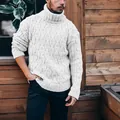 Detailed view of men's chunky cable knit turtleneck sweater with diamond pattern - S / Tops / White