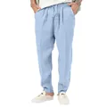 Detailansicht der hellblauen Sommer-Baumwoll-Leinenhose für Herren mit Kordelzug - S / Unterteile / Hellblau