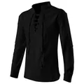 Black medieval peasant cosplay shirt with front lace-up detail and textured fabric. - S / Tops / Black