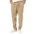 Detail van een casual kaki linnen herenbroek met een elastische taille met trekkoord - Donker kaki