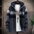 Men's thick hooded knit cardigan in dark grey stripe with warm fleece lining - M / Tops / Dark Gray