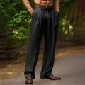 Macro detail shot of men's breathable black linen wide-leg trousers with double pleats. - S / Bottoms / Black