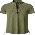 Vista detallada de la camisa Henley de algodón y lino verde con cordones estilo hippie - 3XL / Tops / Verde Militar