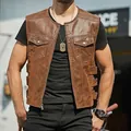 Detail view of a brown distressed leather vest for men with zipper and side buckles - S / Tops / Brown